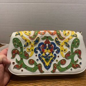 Vintage White Embellished shoulder Bag with Multicolor Studded embellishments